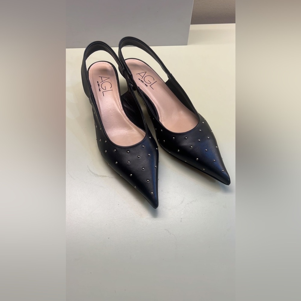 AGL Made in Italy Black Studded Kitten Heel Slingback Pumps NWT Gift Ready